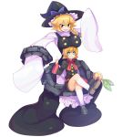  1boy 1girl bangs belt black_eyes black_hat black_shoes black_shorts blonde_hair blue_bow blush_stickers bow braid breast_rest breasts breasts_on_head capelet chains character_name cookie_(touhou) eyebrows_visible_through_hair full_body guilty_gear guilty_gear_xrd hair_between_eyes hat hat_bow highres kirisame_marisa kneehighs kum_haehyun kum_jonryoku large_breasts legs_crossed loafers long_sleeves looking_at_viewer meguru_(cookie) neck_ribbon parody pointing pointing_up red_ribbon ribbon sharp_teeth shoes shorts side_braid single_braid sitting sleeves_past_wrists tarmo teeth thick_eyebrows touhou transparent_background tsurime white_legwear witch_hat yuuh!_(cookie) 