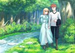  1boy 1girl :d blue_dress boots brown_boots brown_eyes commentary dress emiya_shirou fate/stay_night fate_(series) fateline_alpha grass green_eyes grin hand_holding long_sleeves open_mouth pants saber shirt smile stream tree 