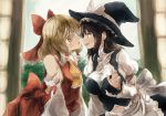  2girls ascot bare_shoulders blush bow breasts brown_hair cosplay costume_switch detached_sleeves eye_contact hair_bow hair_tubes hakurei_reimu hakurei_reimu_(cosplay) hat kirisame_marisa kirisame_marisa_(cosplay) long_hair looking_at_another medium_breasts multiple_girls open_mouth smile touhou yellow_eyes yohane yuri 