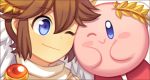  1boy 1other blue_eyes blush brown_hair hoshi_no_kirby kid_icarus kid_icarus_uprising kirby kirby_(series) kirby_(specie) one_eye_closed pit_(kid_icarus) smile super_smash_bros. wusagi2 