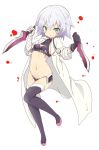  &gt;:) assassin_of_black bandaged_arm black_gloves black_legwear black_panties boots breasts cleavage cleavage_cutout crop_top dual_wielding fate/apocrypha fate_(series) full_body gloves green_eyes itamochi knife labcoat midriff navel panties scar short_hair silver_hair simple_background single_glove small_breasts stethoscope stitches string_panties thigh-highs thigh_boots turtleneck underwear white_background 