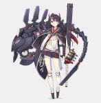  1girl black_hair cape full_body headgear highres long_hair looking_at_viewer original poco_(asahi_age) red_eyes simple_background solo standing weapon 