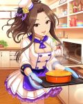  1girl apron artist_request breasts brown_hair cake cleavage dress food hat holding idolmaster idolmaster_cinderella_girls kitchen komuro_chinami long_hair looking_at_viewer mittens official_art open_mouth oven oven_mitts patissier plant ponytail red_eyes smile solo 