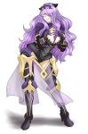  1girl armor breasts camilla_(fire_emblem_if) cleavage cleavage_cutout fire_emblem fire_emblem_if greaves hair_over_one_eye highres large_breasts long_hair looking_at_viewer purple_hair simple_background smile violet_eyes white_background 