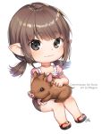  1girl animal artist_name bangs black_eyes blunt_bangs blush boar brown_hair brown_shorts closed_mouth copyright_request eyebrows_visible_through_hair full_body heart invisible_chair looking_at_viewer low_twintails naguri no_socks petting pink_choker pointy_ears puffy_short_sleeves puffy_sleeves sandals shiny shiny_hair short_sleeves shorts signature simple_background sitting smile solo tareme toes twintails white_background 