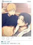  2boys abs black_hair blonde_hair emoticon gymnasium instagram kise_ryouta kuroko_no_basuke male_focus mashima_shima multiple_boys navel self_shot shirt shirt_lift t-shirt takao_kazunari toned toned_male towel towel_around_neck yellow_eyes 