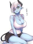  1girl barefoot black_sclera blue_skin blush breasts cleavage demon_girl demon_horns demon_tail green_eyes hair_between_eyes highres horns large_breasts looking_back original parted_lips short_hair shorts sitting solo tail tank_top thukimidanngo white_hair 