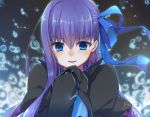  1girl :d black_coat blue_eyes blush bubble commentary_request eyebrows_visible_through_hair fate/extra fate/extra_ccc fate_(series) hair_ribbon hands_in_sleeves inose_riku long_hair looking_at_viewer meltlilith open_mouth purple_hair ribbon sleeves_past_wrists smile solo upper_body 
