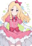  1girl absurdres blonde_hair bow brown_eyes closed_mouth dress dress_lift embarrassed eromanga_sensei hair_bow highres long_hair looking_to_the_side pantie_painting pink_dress pointy_ears red_bow solo tears wavy_mouth yamada_elf 