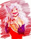  1girl bare_shoulders blood blood_on_face bloody_clothes bow crazy crazy_eyes crazy_smile detached_sleeves dress eyebrows_visible_through_hair fangs highres knife long_hair miprea open_mouth red_eyes sakata_nemuno saliva smile solo touhou traditional_media wavy_hair white_hair 