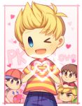  black_hair blonde_hair blue_eyes blush doubutsu_no_mori english hat heart kirby kirby_(series) link looking_at_viewer lucas male_focus mother_(game) mother_2 mother_3 multiple_boys ness one_eye_closed pointy_ears seiyuu_connection smile super_smash_bros. the_legend_of_zelda the_legend_of_zelda:_the_wind_waker toon_link villager_(doubutsu_no_mori) wusagi2 