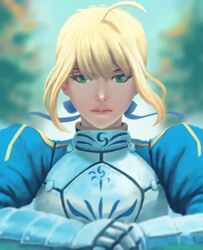  1girl ahoge blonde_hair bow fate/stay_night fate_(series) fateline_alpha gauntlets green_eyes hair_bow highres lips looking_at_viewer saber sidelocks solo 