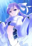  1girl blue_eyes closed_mouth eyebrows_visible_through_hair fate/extra fate/extra_ccc fate_(series) hair_ribbon hands_in_sleeves highres hijiri-tukasa long_hair meltlilith navel purple_hair revealing_clothes ribbon sleeves_past_wrists solo tile_wall tiles white_coat 