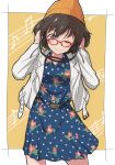  10s 1girl akiyama_yukari bangs beanie belt bespectacled blue_dress brown_eyes brown_hair casual cbgb closed_mouth collared_dress dress floral_print girls_und_panzer glasses hands_on_headphones hands_on_own_head hat headphones highres jacket long_sleeves looking_at_viewer medium_dress messy_hair musical_note one_eye_closed open_clothes open_jacket orange_hat polka_dot polka_dot_dress print_dress quaver red-framed_eyewear short_hair smile solo staff_(music) standing white_jacket yellow_background 