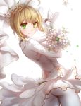  1girl asanogawa_(tutufcc) ass back bodysuit bouquet bridal_veil fate/extra fate/extra_ccc fate_(series) flower green_eyes highres looking_at_viewer looking_back saber_bride saber_extra smile solo veil white_background 