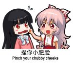 2girls :d black_hair blouse blush_stickers bow chibi chinese commentary_request flying_sweatdrops fujiwara_no_mokou hair_bow hair_ribbon houraisan_kaguya japanese_clothes long_hair long_sleeves lowres multi-tied_hair multiple_girls open_mouth pants pink_blouse pink_hair puffy_short_sleeves puffy_sleeves red_eyes red_pants ribbon shangguan_feiying shirt short_sleeves simple_background smile suspenders touhou translation_request white_background white_shirt