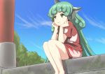  blue_sky cloud_print commentary day elbows_on_knees green_eyes green_hair head_rest hidden_star_in_four_seasons highres horns komano_aunn long_hair looking_to_the_side outdoors pillar sachishiro_pengin shorts sitting sky smile touhou tree very_long_hair 