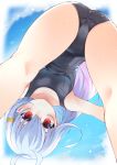  1girl ahoge ass blue_sky blush borrowed_character breasts commentary_request hair_ornament hairclip highres long_hair looking_at_viewer mesugaki one-piece_swimsuit original red_eyes school_swimsuit silver_hair sky small_breasts solo swimsuit tsunekichi upside-down 