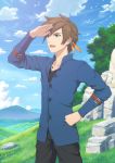  1boy absurdres arm_strap blue_shirt brown_hair clouds cloudy_sky fateline_alpha grass green_eyes hand_on_hip highres male_focus rock shading_eyes shirt short_hair sky solo sorey_(tales) tales_of_(series) tales_of_zestiria tree 