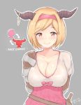  1girl arms_behind_back blonde_hair blush breasts brown_eyes cleavage djeeta_(granblue_fantasy) erect_nipples gauntlets granblue_fantasy hairband heart heart-shaped_pupils heavy_breathing horns large_breasts looking_at_viewer short_hair smile solo symbol-shaped_pupils upper_body 