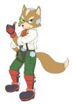  1boy animal_ears fox fox_ears fox_mccloud fox_tail furry green_eyes jacket looking_at_viewer male_focus saiba_(henrietta) simple_background smile solo star_fox super_smash_bros. tail white_background 