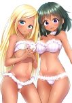 2girls :d :o armpit_peek bangs bare_shoulders blonde_hair blue_eyes blush bra breasts cleavage collarbone commentary_request cowboy_shot dark-skinned_female dark_skin ears_visible_through_hair eyebrows_visible_through_hair fingernails gluteal_fold green_hair groin hands_clasped idolmaster idolmaster_cinderella_girls lace lace-trimmed_bra lace-trimmed_panties lace_trim layla_(idolmaster) long_hair looking_at_viewer medium_breasts mio_(mgr300) multiple_girls natalia_(idolmaster) navel open_mouth panties pink_bra pink_panties shiny shiny_skin short_hair small_breasts smile standing stomach straight_hair strapless strapless_bra striped swept_bangs tareme thigh_gap thighs underwear underwear_only vertical-striped_bra vertical-striped_panties vertical_stripes very_long_hair violet_eyes