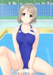  1girl blue_eyes blue_swimsuit competition_swimsuit fence grey_hair highres looking_at_viewer love_live! love_live!_sunshine!! one-piece_swimsuit parted_lips pool poolside sano_souichi short_hair sitting solo starting_block swimsuit watanabe_you wet wet_clothes wet_swimsuit 