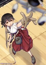  1girl aircraft airplane black_hair blurry brown_eyes depth_of_field flight_deck foreshortening gloves hakama japanese_clothes kantai_collection kasuga_maru_(kantai_collection) mokerou partly_fingerless_gloves red_hakama short_hair short_sleeves solo yugake 