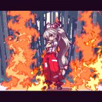  1girl animated animated_gif bamboo bamboo_forest bow fire forest fujiwara_no_mokou full_body hair_ribbon long_hair looking_at_viewer looking_back migel_futoshi nature ofuda pants pixel_art ponytail red_eyes ribbon sarashi silver_hair solo standing suspenders touhou very_long_hair 