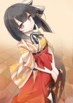  1girl bangs beige_background black_hair bow brick_floor briefcase frills gears hair_bow hair_ornament hakama hands_together highres holding japanese_clothes looking_at_viewer obi original paper red_eyes red_hakama sash senhappyaku short_hair solo striped tasuki wide_sleeves winding_key 