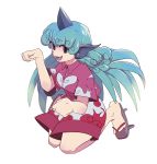  1girl :d alternate_eye_color aqua_eyes aqua_hair bare_arms bare_legs breasts buttons cloud_print collared_shirt curly_hair eyebrows_visible_through_hair facing_away fang full_body highres horn kneeling komano_aunn legs_apart long_hair looking_away looking_to_the_side medium_breasts open_mouth paw_pose raised_eyebrows red_shirt shirt short_sleeves shorts simple_background smile solo tabi tareme tongue touhou twiggytom very_long_hair white_background white_shorts 