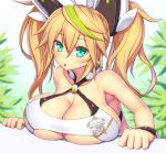  1girl :o aqua_eyes asamura_hiori bare_shoulders blonde_hair breast_rest breasts cleavage gene_(pso2) highres huge_breasts long_hair looking_at_viewer parted_lips phantasy_star phantasy_star_online_2 solo twintails 