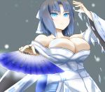  1girl bare_shoulders blue_eyes bow breasts cleavage closed_mouth collarbone expressionless fan folding_fan foreshortening grey_hair hair_bow holding holding_fan ice japanese_clothes large_breasts long_sleeves looking_at_viewer ryuusama senran_kagura_(series) senran_kagura_shinovi_versus short_hair solo upper_body white_bow wide_sleeves yumi_(senran_kagura) 