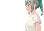  1girl alternate_costume bow glasses green_bow green_hair hair_bow kantai_collection light_smile long_hair ohiya ponytail red-framed_eyewear shirt short_sleeves simple_background solo white_background white_shirt yellow_eyes yuubari_(kantai_collection) 