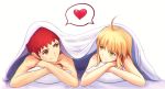  1boy 1girl blonde_hair blush emiya_shirou fate/stay_night fate_(series) fateline_alpha green_eyes hair_down heart looking_at_another pillow red_eyes redhead saber short_hair sidelocks spoken_heart under_covers 