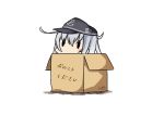  1girl 2017 anchor_symbol black_hat box cardboard_box dated flat_cap hat hatsuzuki_527 hibiki_(kantai_collection) in_box in_container kantai_collection long_hair simple_background solid_oval_eyes solo translated twitter_username white_background white_hair 