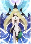  1girl backlighting bare_shoulders big_hair black_shoes blonde_hair collarbone commentary_request dress electricity emblem emerald gem green_eyes hands_clasped high_heels highres hitoto invisible_chair leggings legs_crossed long_hair looking_at_viewer lusamine_(pokemon) parted_lips pokemon pokemon_(game) pokemon_sm see-through shoe_soles shoes sitting sleeveless sleeveless_dress smile solo space tsurime very_long_hair white_dress 