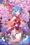  1girl animal_ears blue_eyes blue_hair blue_rose blush bow character_request claws copyright_request double_bun egg eyebrows_visible_through_hair flower hair_bow hair_ornament highres looking_at_viewer open_mouth paws rabbit_ears red_bow rose shoonear short_hair sleeveless smile solo tail white_bow 