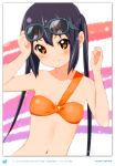  1girl 2011 absurdres bikini_top black_hair blush brown_eyes dated errant glasses highres k-on! long_hair looking_at_viewer nakano_azusa navel sidelocks smile solo twintails upper_body 