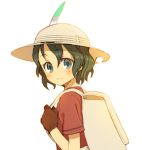  1girl backpack bag black_gloves black_hair blue_eyes blush bucket_hat eyebrows_visible_through_hair from_side gloves hair_between_eyes hat hat_feather kaban_(kemono_friends) kemono_friends looking_at_viewer miyuu no_nose red_shirt shirt short_hair short_sleeves shorts simple_background smile solo tareme upper_body wavy_hair white_background white_hat 