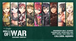  6+girls aqua_eyes bikini_top black_hair blonde_hair blue_eyes blue_hair breasts brown_eyes brown_hair commentary dog_tags g36k gloves green_eyes grenade_launcher grey_hair grin gun h&amp;k_ump hair_ornament hair_ribbon hat heckler_&amp;_koch hiroki_ree holding holding_gun holding_weapon kunikida_hanamaru kurosawa_dia kurosawa_ruby looking_at_viewer love_live! love_live!_sunshine!! matsuura_kanan midriff mole mole_under_mouth multiple_girls ohara_mari redhead ribbon rifle sakurauchi_riko smile submachine_gun takami_chika tsushima_yoshiko violet_eyes watanabe_you weapon yellow_eyes 