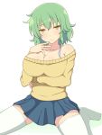  1girl bangs bare_shoulders blue_skirt blush breast_hold breasts cleavage collarbone expressionless green_hair highres hikage_(senran_kagura) ichiryuu_tsumiki jitome large_breasts long_sleeves looking_at_viewer off-shoulder_sweater short_hair sitting skirt slit_pupils solo strap sweater thigh-highs wariza white_legwear yellow_eyes 