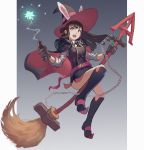  1girl animal_ears boots broom brown_hair chains doren hat highres kagari_atsuko kemonomimi_mode little_witch_academia long_hair rabbit_ears red_eyes school_uniform simple_background skirt solo wand witch witch_hat 