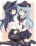  2girls akatsuki_(kantai_collection) anchor_symbol ass assisted_exposure black_eyes black_hair black_legwear black_skirt blue_eyes flat_cap hair_between_eyes hat hibiki_(kantai_collection) highres hug kantai_collection long_hair looking_at_viewer looking_back multiple_girls neckerchief open_mouth pleated_skirt red_neckerchief school_uniform serafuku silver_hair skirt skirt_lift tamayan thigh-highs 