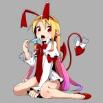  1girl bat_wings blonde_hair bow bowtie demon_tail disgaea flonne flonne_(fallen_angel) food gradient_hair grey_background hairband long_hair looking_at_viewer mei_mu multicolored_hair open_mouth pink_hair popsicle red_bow red_eyes red_hairband red_wings simple_background sitting solo tail tail_bow tongue tongue_out wariza white_bow wings 