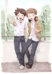  2boys amano_keita black_eyes brown_hair cardigan chun_(chun-tomeko) closed_eyes full_body half-closed_eyes headphones headphones_around_neck imada_kanchi looking_at_viewer male_focus multiple_boys older open_mouth school_uniform smile v youkai_watch 