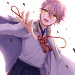  1boy backlighting dutch_angle highres jacket_on_shoulders japanese_clothes jewelry katsugeki/touken_ranbu looking_at_viewer male_focus open_mouth outstretched_arm petals pink_hair ring saniwa_(katsugeki/touken_ranbu) short_hair smile solo touken_ranbu yellow_eyes 