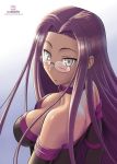  1girl :&lt; artist_name back bare_back bare_shoulders black_dress black_gloves blush breasts bridal_gauntlets choker closed_mouth collarbone dress elbow_gloves fate/stay_night fate_(series) female from_above glasses gloves gradient gradient_background grey_eyes highres kami_mitsugu_(kamiken) large_breasts long_hair looking_at_viewer looking_back looking_up no_blindfold purple_choker purple_hair rider solo square_pupils strapless strapless_dress symbol-shaped_pupils type-moon upper_body very_long_hair 