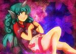  1girl :d alternate_eye_color aqua_eyes aqua_hair ar_kailisi bangs bare_arms bare_legs buttons cherry_blossoms cloud_print collared_shirt colored_eyelashes curly_hair fang floral_background horn komano_aunn leaning_back long_hair looking_away looking_to_the_side nose open_mouth paw_pose red_shirt shirt short_sleeves shorts sitting smile solo tongue touhou very_long_hair white_shorts 