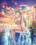  1girl anbe_yoshirou aqua_hair artist_name bikini braid closed_eyes commentary_request evening flower hair_flower hair_ornament head_wings long_braid long_hair navel shell shell_bikini sitting solo swimsuit very_long_hair water waterfall white_bikini white_wings wings 